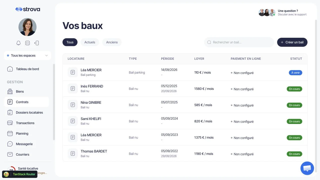Dossiers de contrats qui regroupent les informations locatives dans Strova