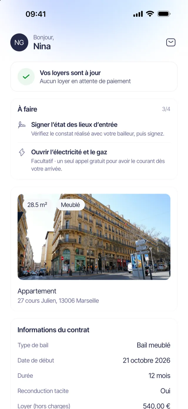 Accueil de l’espace locataire avec les actions à faire