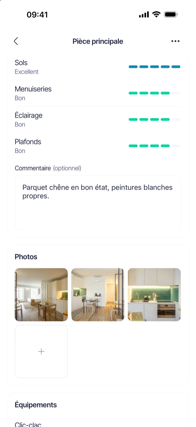 Une pièce de l’état des lieux avec son état et ses photos