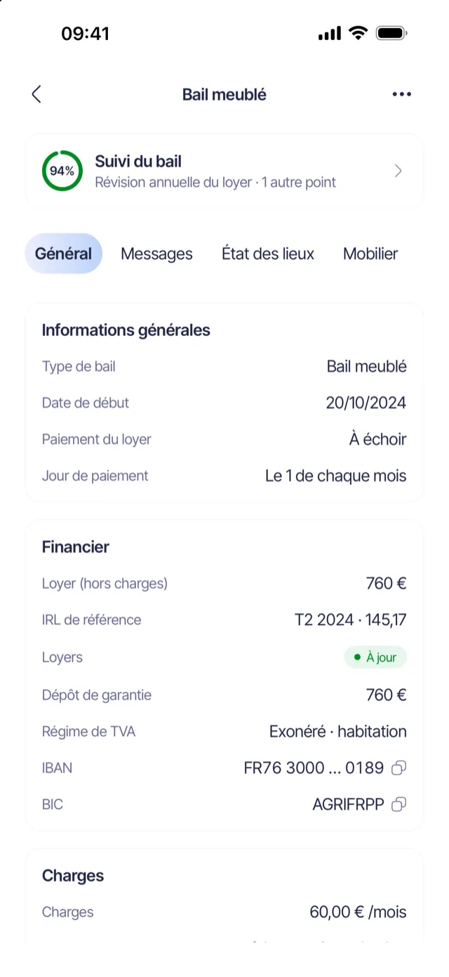 Bail meublé avec ses informations financières
