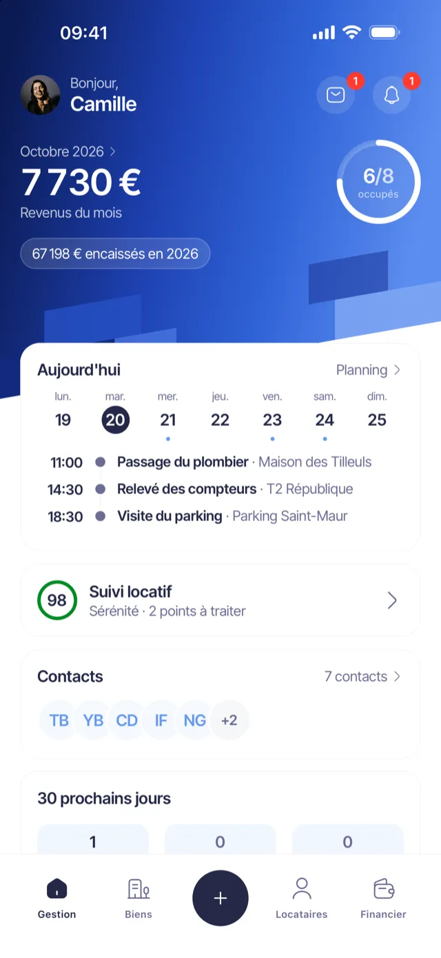 Accueil de l’application Strova : revenus du mois, planning et suivi locatif