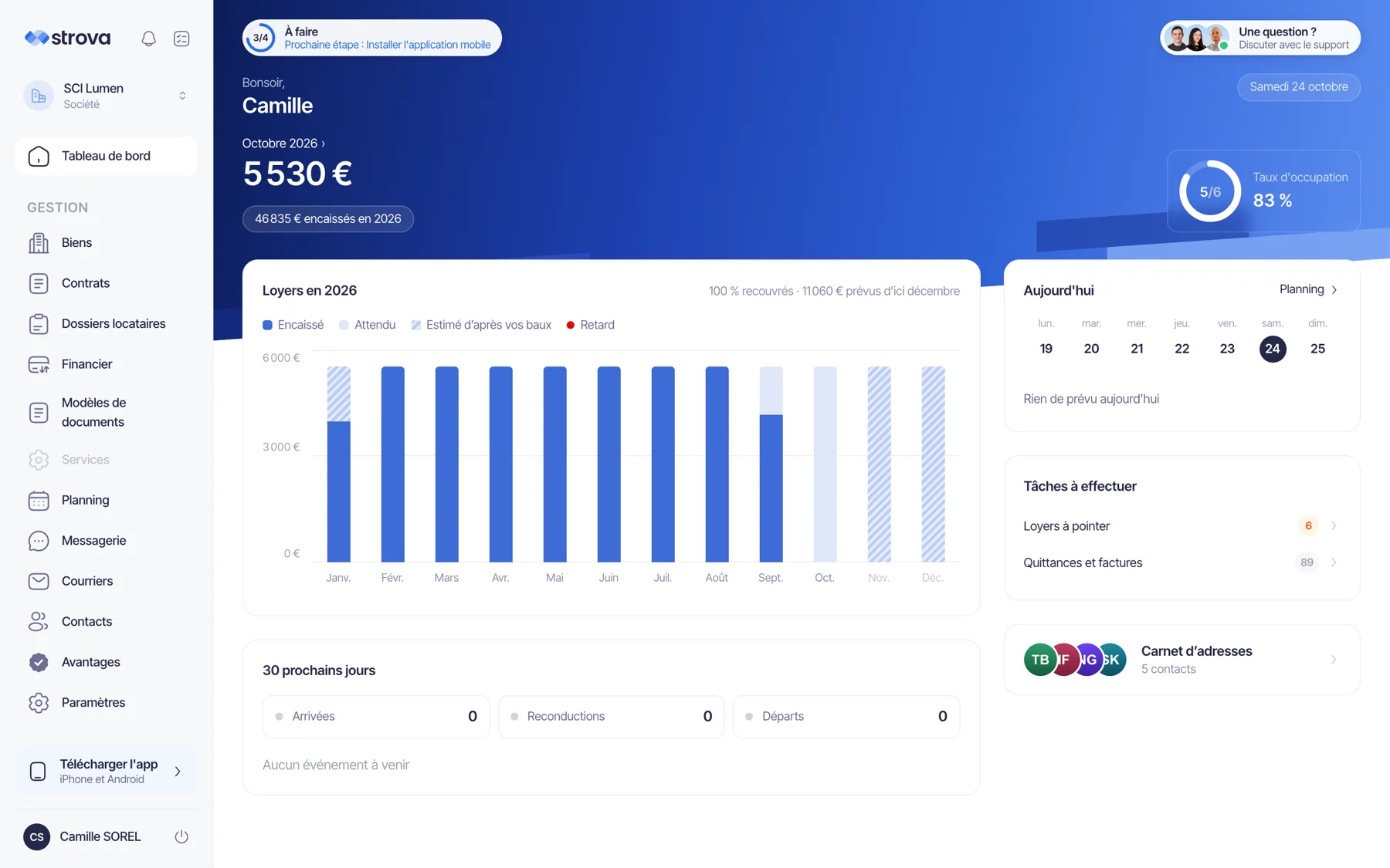Tableau de bord de la console web Strova